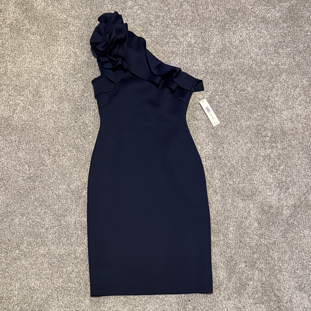 Eliza J Navy Asymmetrical Ruffle Dress